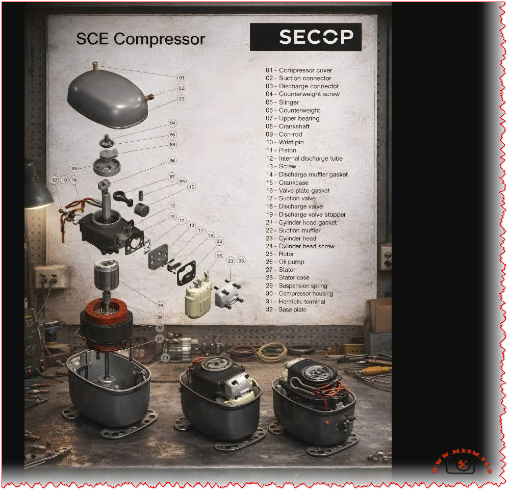 Mbsm pro private mediasecop sce hermetic compressor exploded view internal parts guide